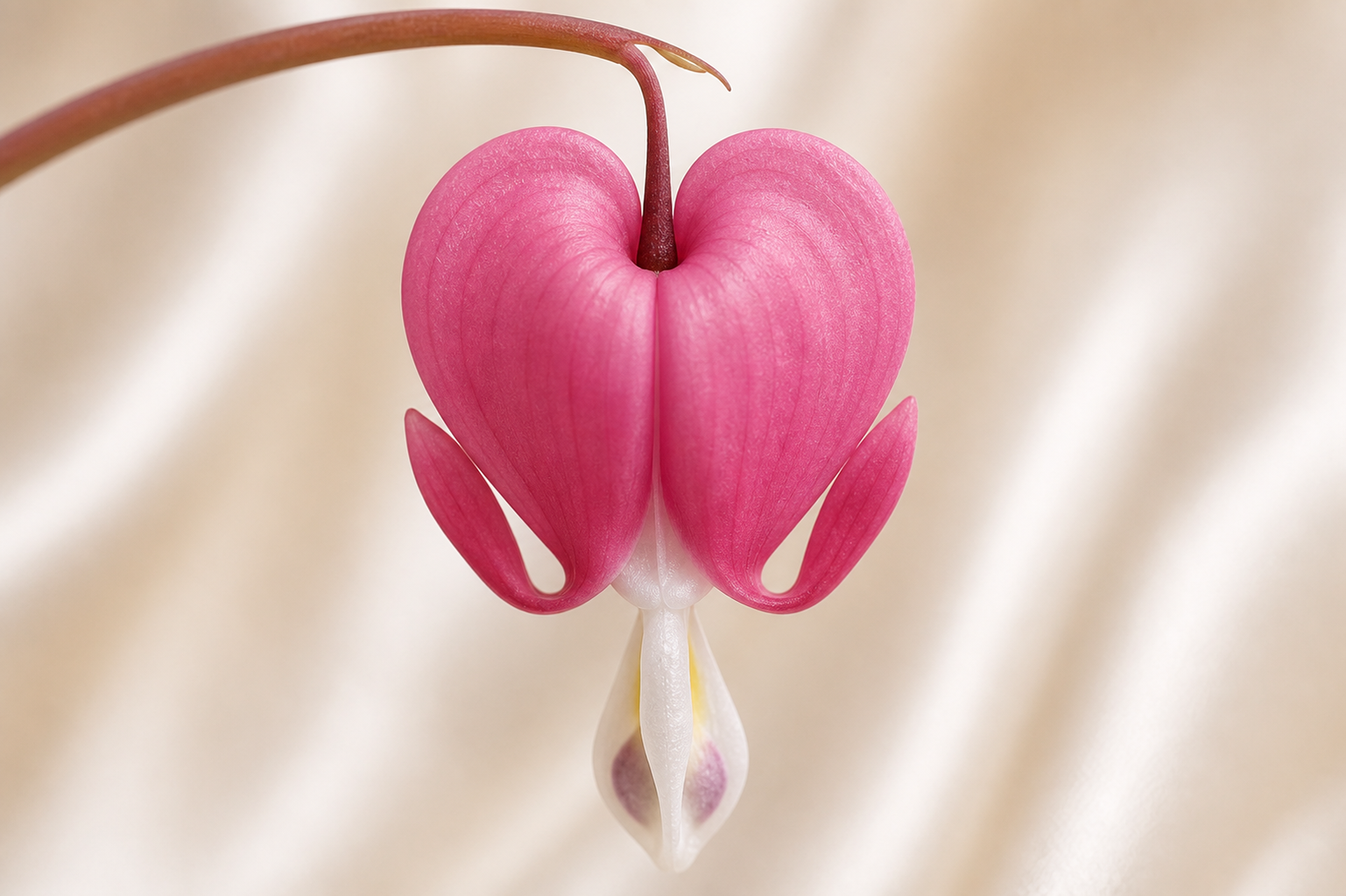 A single bleeding heart flower bloom — pink heart with white drop hanging below